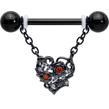 14G 9/16 Red CZ Gem Black Floral Heart Chain Dangle Nipple Ring Set