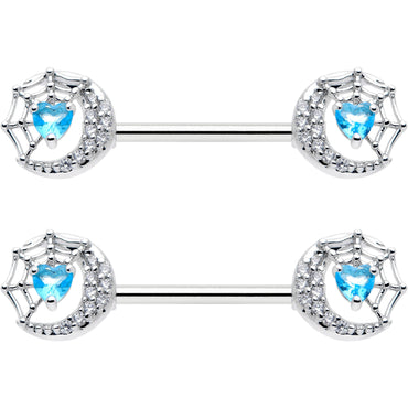 14G 9/16 Blue CZ Gem Heart Web Moon Barbell Nipple Ring Set