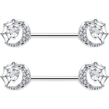 14G 9/16 Clear CZ Gem Heart Web Moon Barbell Nipple Ring Set
