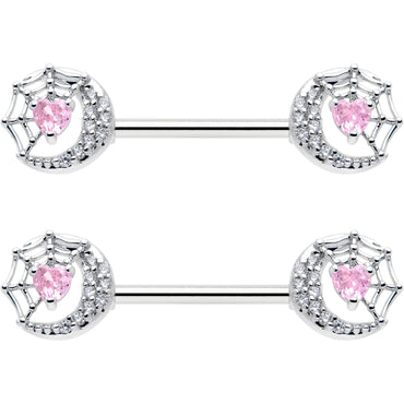 14G 9/16 Pink CZ Gem Heart Web Moon Barbell Nipple Ring Set