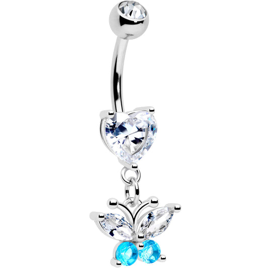 Clear Blue Gem Love Butterfly Heart Dangle Belly Ring