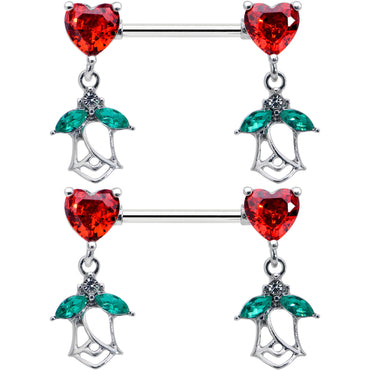 14G 9/16 Red CZ Gem Hearts And Roses Dangle Nipple Ring Set