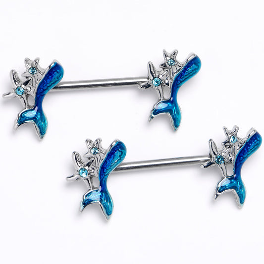14G 9/16 Blue Gem Blue Mermaid Tail Stars Barbell Nipple Ring Set