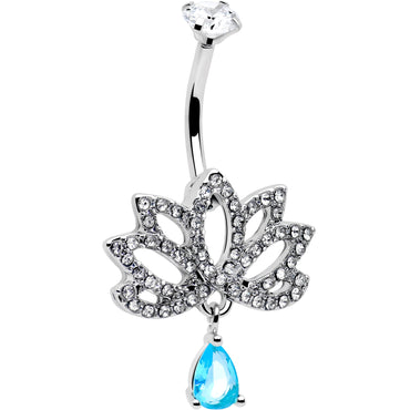Clear Blue CZ Gem Fashion Flower Lotus Flower Dangle Belly Ring
