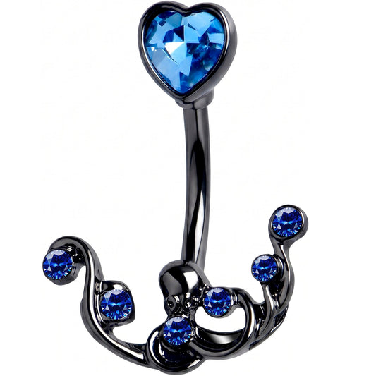 Blue Gem Black Heart Scrolling Elegance Double Mount Belly Ring