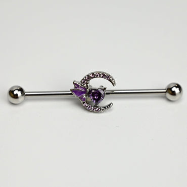 14G Purple Gem Moon Butterfly Heart Industrial Barbell 38mm