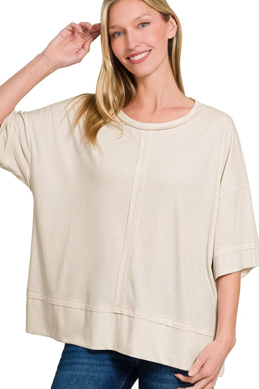 Zenana Ribbed Boat Neck 3/4 Sleeve Top