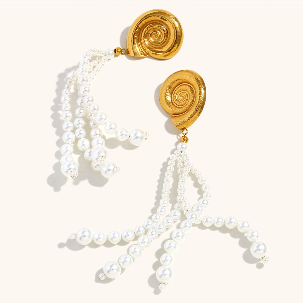 European And American Pearl Tassel Conch Stud Earrings