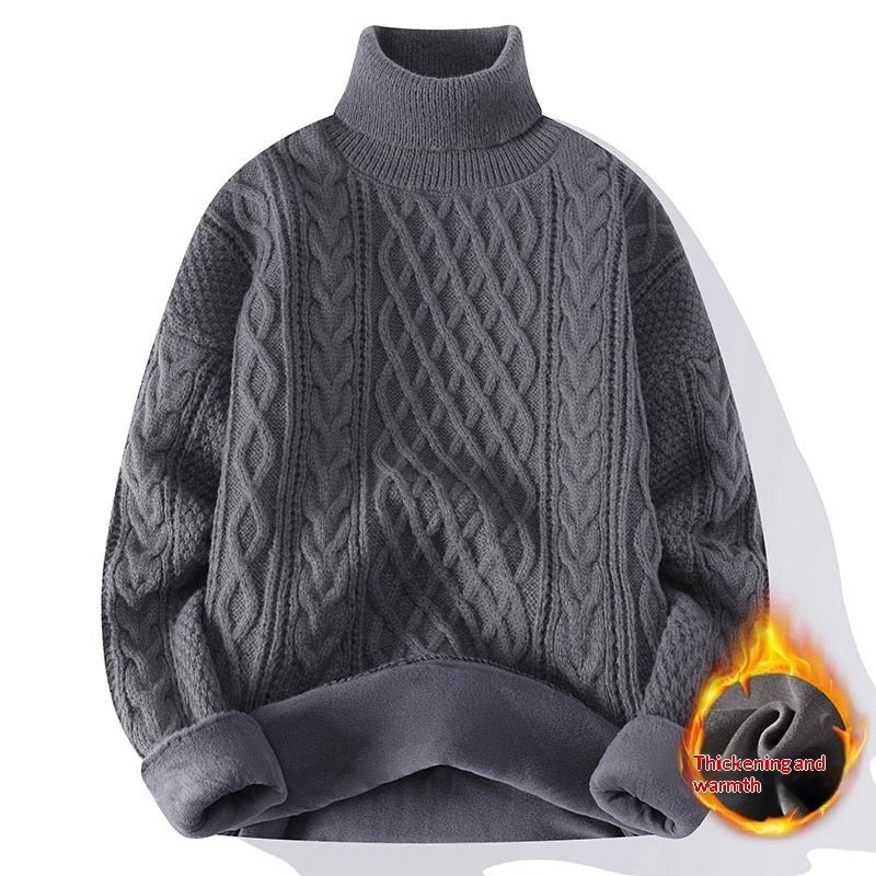 Round-neck High-neck Fleece-lined Solid-color Sweater