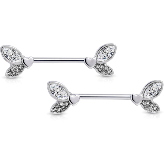 14G 9/16 Clear Gem Butterfly Lover Barbell Nipple Ring Set