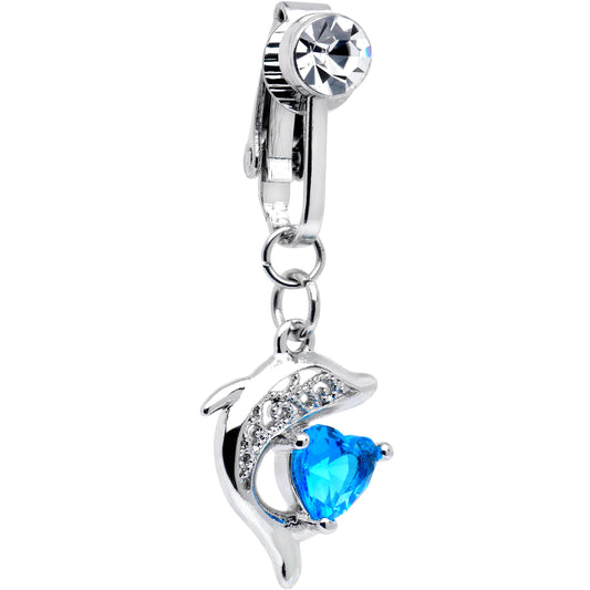 Clear Blue CZ Gem Dolphin Glam Dangle Clip on Fake Belly Ring