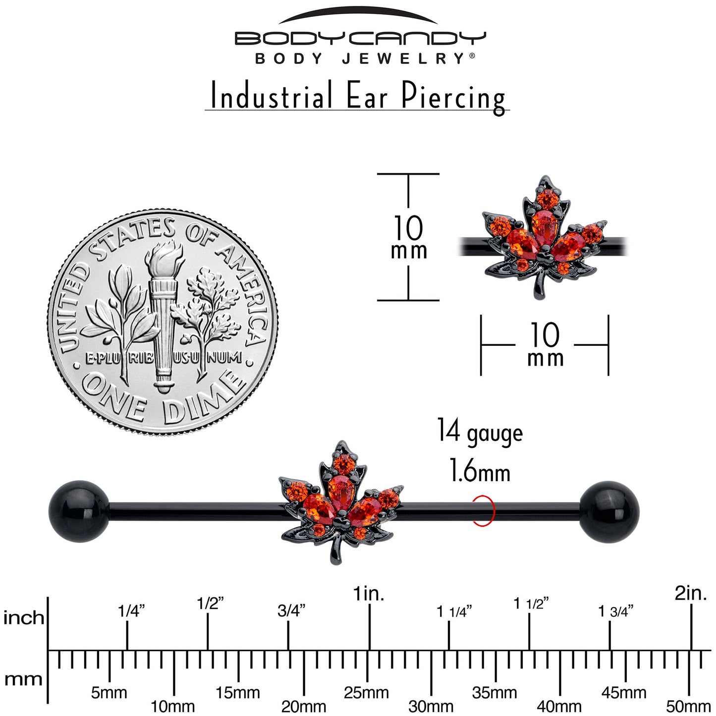 14G Orange CZ Gem Black Autumn Leaf Industrial Barbell 38mm
