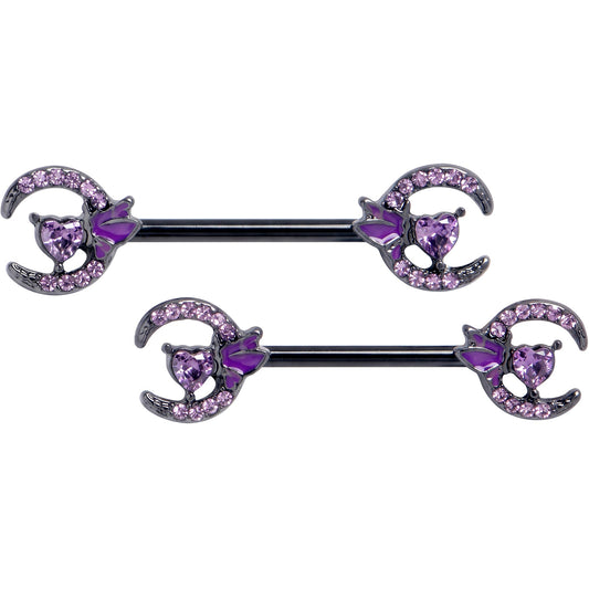 14G 9/16 Purple Gem Black Butterfly Heart Moon Nipple Ring Set