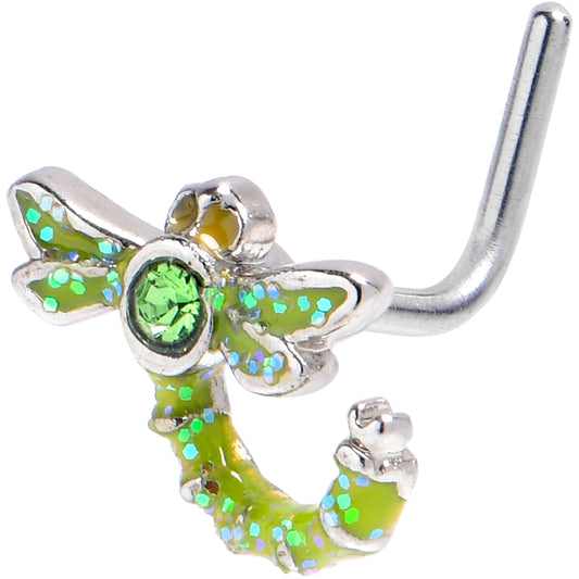 20G 7mm Green Gem Glitter Dragonfly L Shape Nose Ring