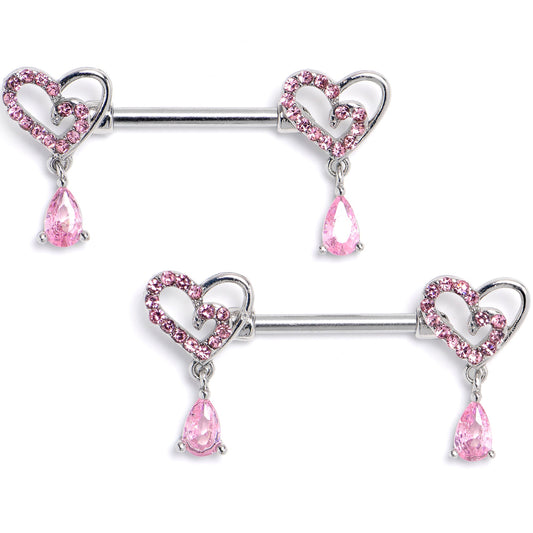 14G 9/16 Pink CZ Gem Asymmetrical Heart Dangle Nipple Ring Set