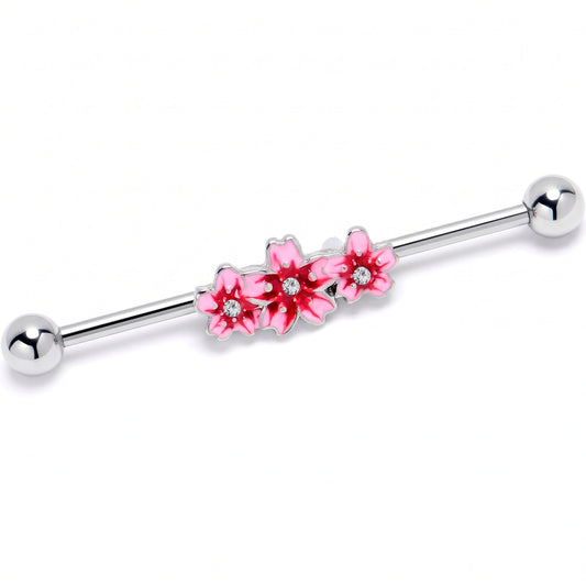 14G Clear Gem Perfect Pink Flower Trio Industrial Barbell 38mm