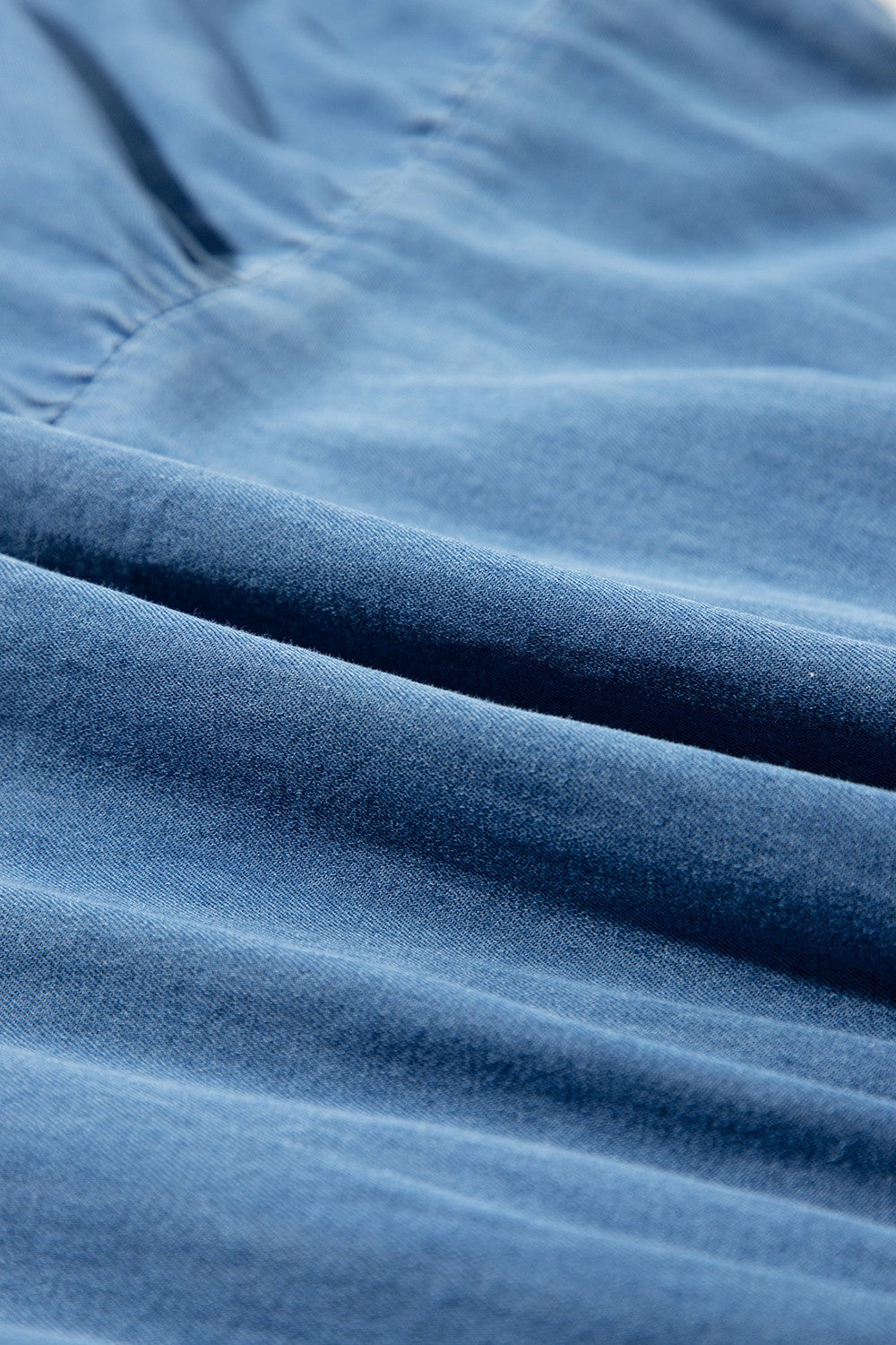 Tie Neck Tiered Maxi Denim Dress