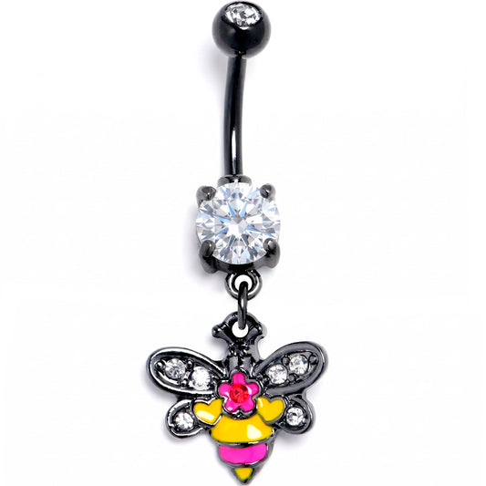 Clear CZ Gem Black Bright Bee Beauty Dangle Belly Ring