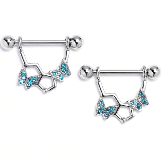 14G 9/16 Blue Gem Hexagon Butterfly Dangle Nipple Ring Set