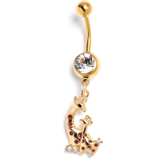 Clear CZ Gem Gold Tone Mom Baby Giraffes Dangle Belly Ring
