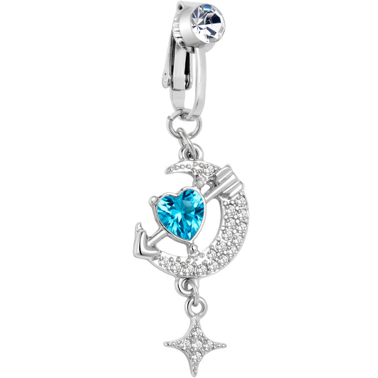 Clear Blue Gem Moon Lover Dangle Clip On Fake Belly Ring