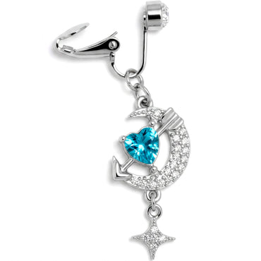 Clear Blue Gem Moon Lover Dangle Clip On Fake Belly Ring