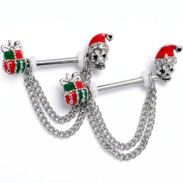14G 9/16 Clear Gem Santa Skull Gift Chain Dangle Nipple Ring Set