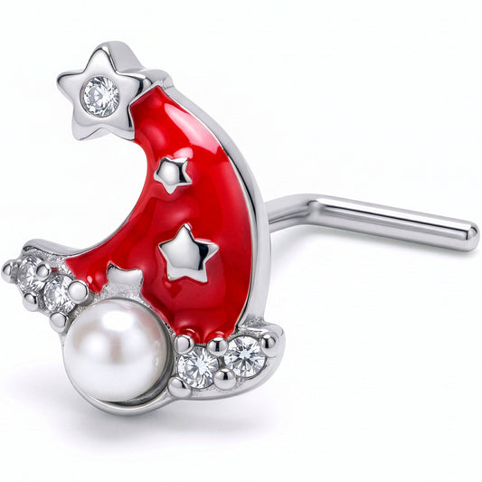 20G 7mm Clear Gem Santa Hat Stars Red L Shape Nose Ring