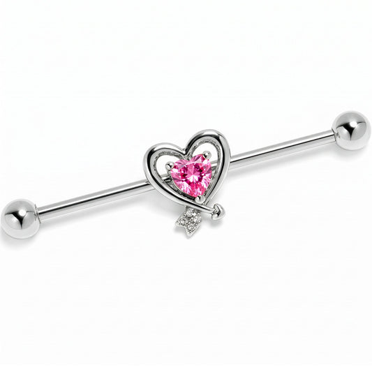 14G Pink CZ Gem Wrapped in Heart Industrial Barbell 38mm