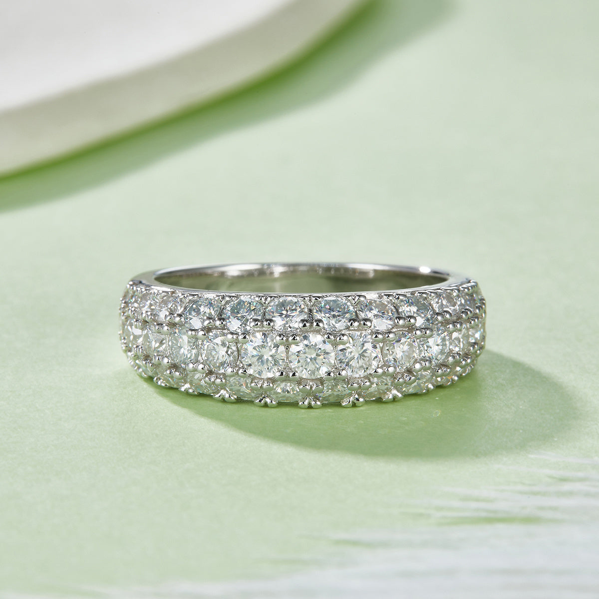 S925 Sterling Silver 3-Row Pave Moissanite Ring, 1.9ct D-VVS1 Eternity Band, Platinum Plated US Sizes 5-9, GRA Certified Gift Box