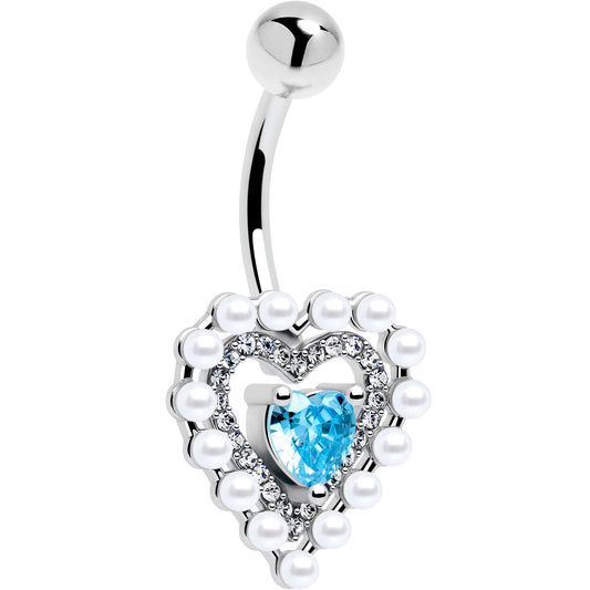 Blue CZ Gem Pearly Heart Belly Ring