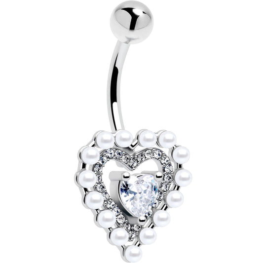 Clear CZ Gem Pearl Heart Belly Ring