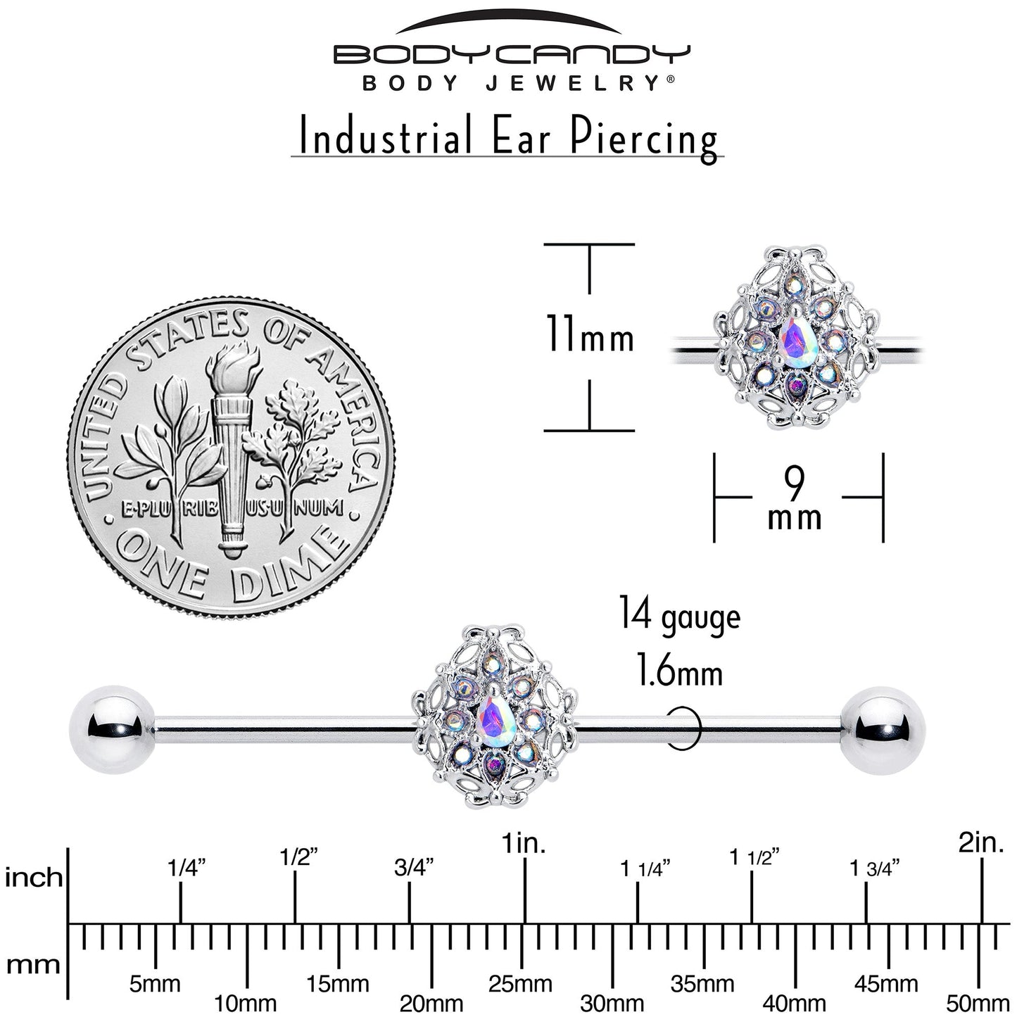 14G Aurora Gem Retro Sunburst Industrial Barbell 38mm