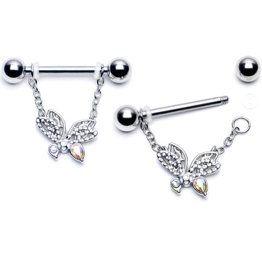 14G 9/16 Aurora CZ Gem Ultra Drama Butterfly Dangle Nipple Ring Set