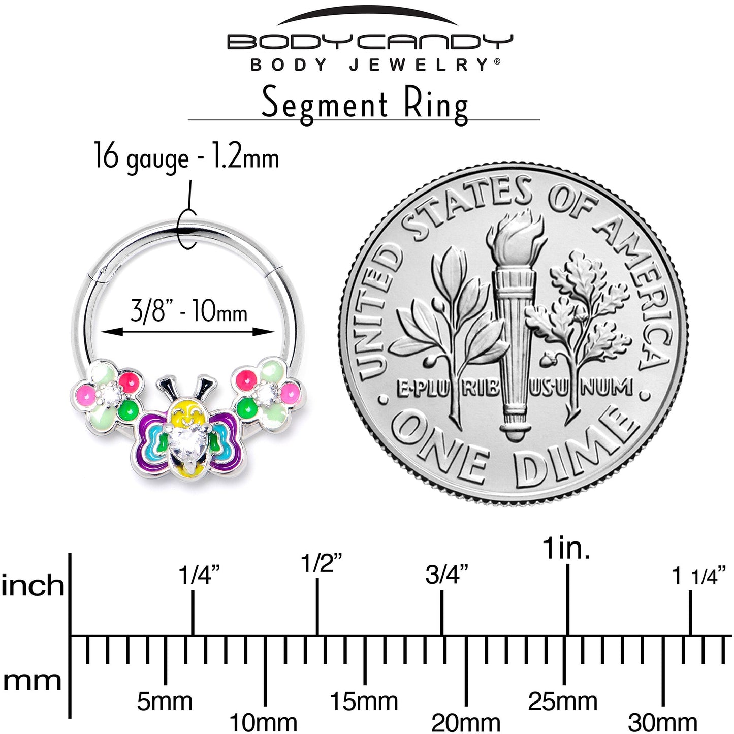 16G 3/8 Clear CZ Gem Butterfly Love Bug Hinged Segment Ring