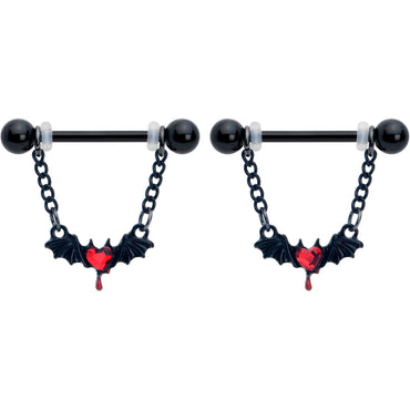 14G 9/16 Red Gem Black Bleeding Heart Bat Dangle Nipple Ring Set