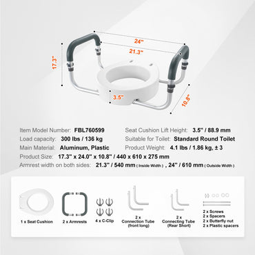 Raised Toilet Seat 3.5 In Height Aluminum Handrail EVA Padded Arms 300 LB