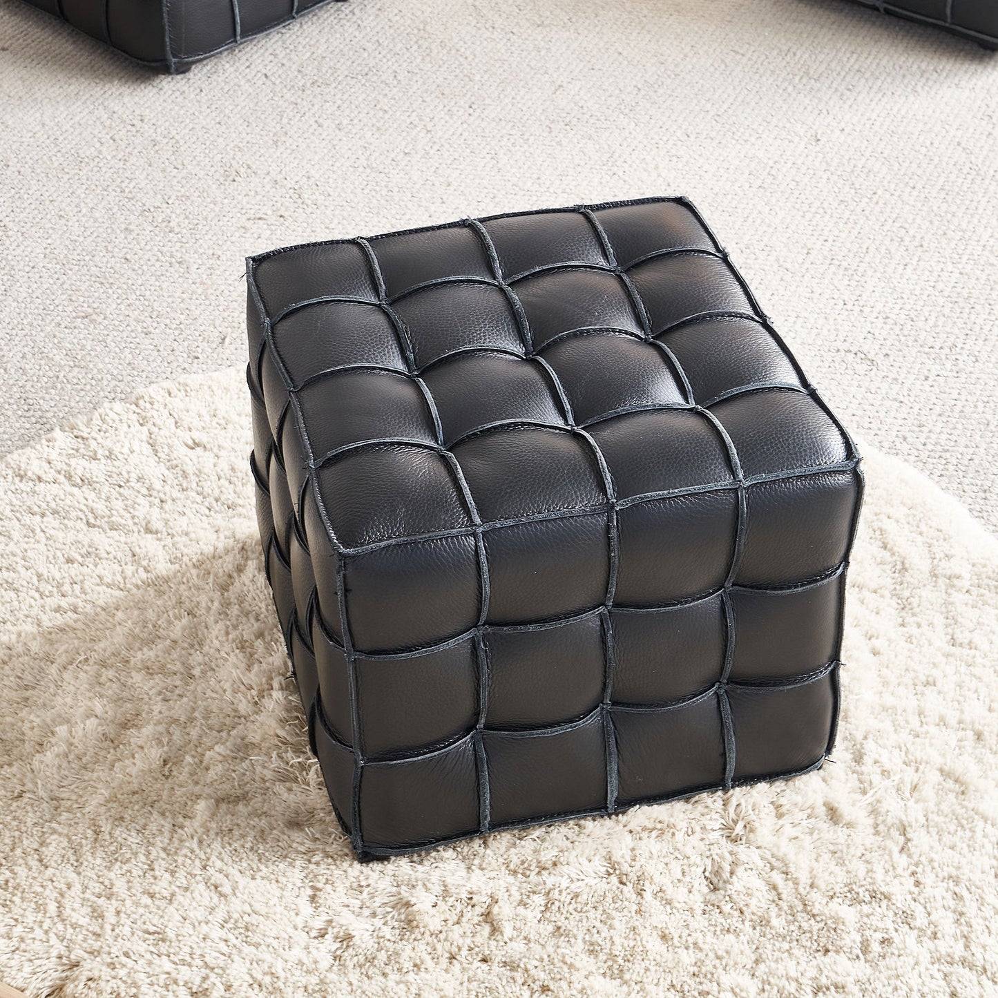 17.32'' Quality Leather Tufted Ottoman Footstool for Living Room, Black