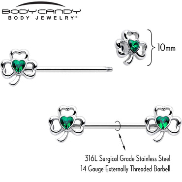 14G 3/4 Green Gem Heart Shamrock St Patricks Nipple Ring Set