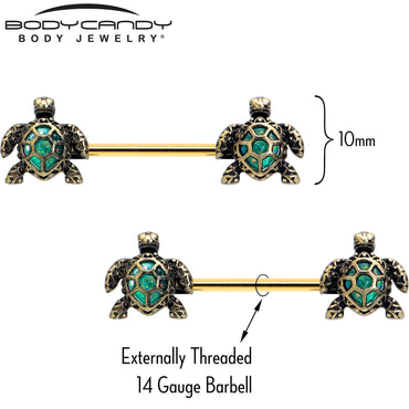 14G 5/8 Gold Tone Anodized Sea Turtle Style Barbell Nipple Ring Set