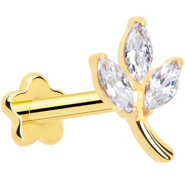 16G 5/16 CZ Gem Leaves Gold PVD Medical Grade Titanium Reversible Flat Back Earring