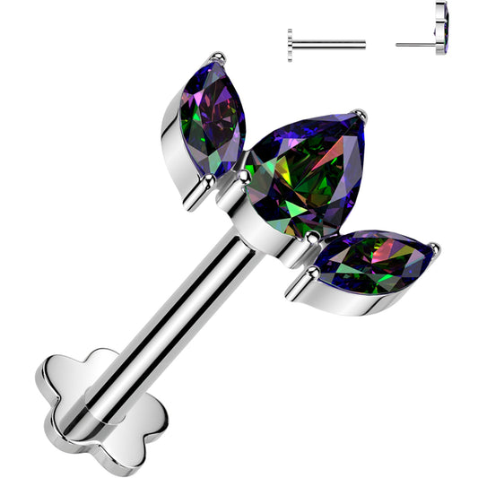 16G 5/16 Vitrail CZ Gem Oval Trio Medical Grade Titanium Reversible Flat Back Earring