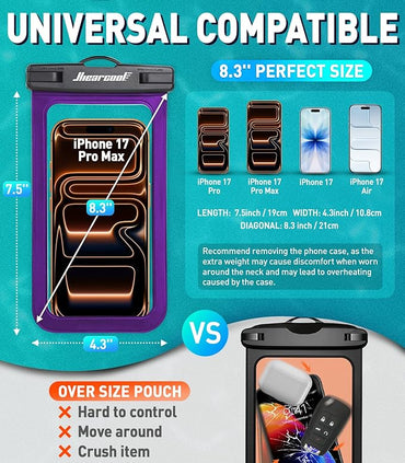 Hiearcool Universal Waterproof Phone Pouch, Dry Bag Compatible for iPhone 17 16 15 14 13 Pro Max XS Plus Samsung Galaxy S22 Cellphone Up to 8.3", IPX8 Water Proof Cell Phone Case for Beach-2Pack