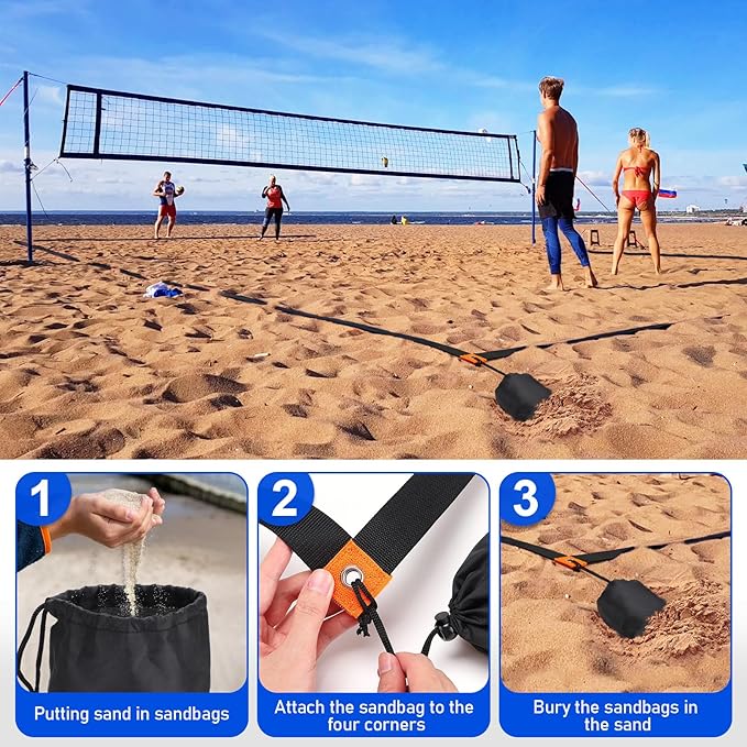 TOBWOLF 26.3' x 52.6' Beach Volleyball Lines, Volleyball Court Lines with Metal Anchors & SandBags,Highly Visible Marking Sand Lines with Metal Anchors & SandBags for Sand Outdoor Grass Backyard