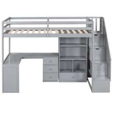 Gray Twin Size Loft Bed with L-Shaped Desk, Drawers, Cabinet and Storage Stai...