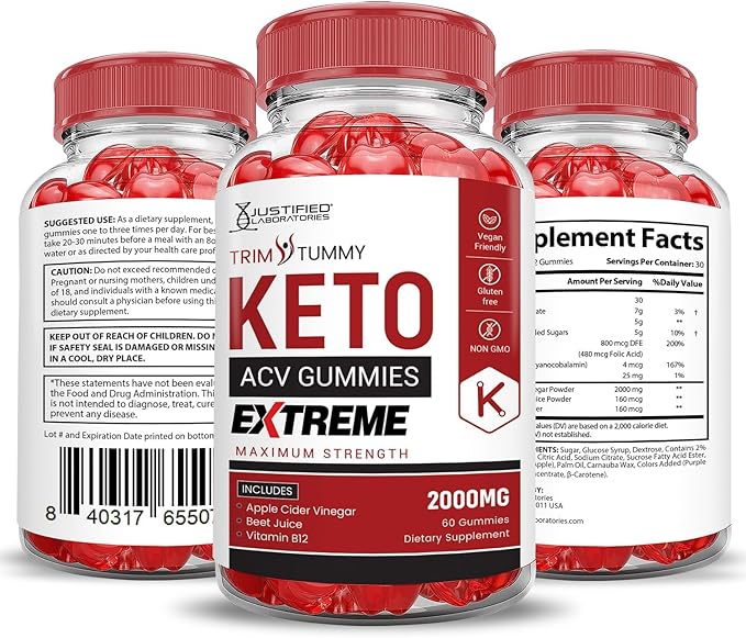 Justified Laboratories (5 Pack Trim Tummy Keto ACV Gummies Extreme 2000MG Trim Tummy Keto Gummies Apple Cider Vinegar Formulated with Pomegranate Beet Juice Powder B12 Vegan Non GMO 300 Gummys