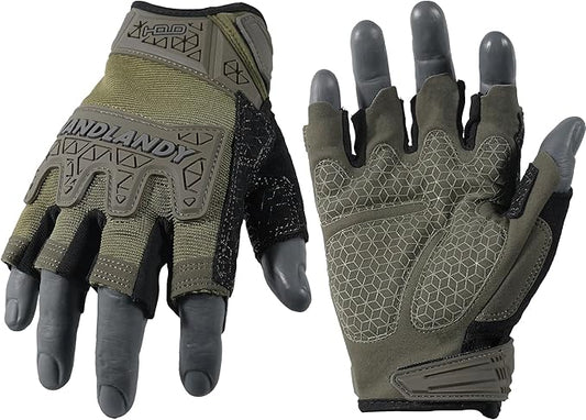 HANDLANDY Tactical Fingerless Impact Gloves for Men, Padded Grip Half Finger Work Gloves, Utility Trucker Driver Gloves (Army Green, Large (Pack of 1))