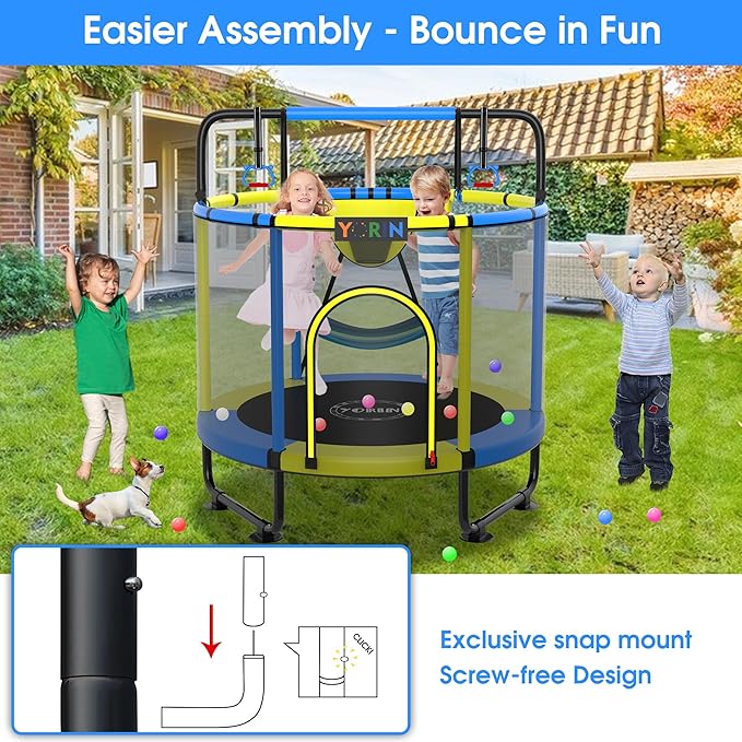 YORIN Trampoline for Kids 66'' 60'' 55'' Toddler Mini Small Trampoline Outdoor Indoor Trampoline W Basketball Hoop, Swing, Adjustable Gymnastics Bar, Gift for Baby, Toddlers & Kids