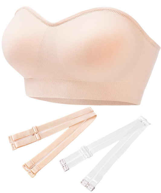 PRETTYWELL Strapless Padded Bandeau Bra Wireless Seamless Beige Size M