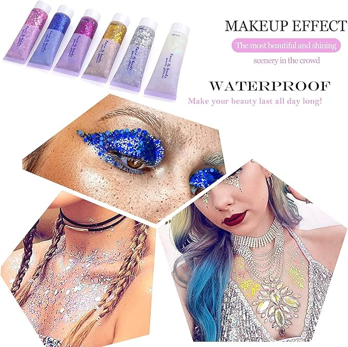 Pink Face Glitter,Sparkling Neon Outfit Party Holographic Sequins Paint Body Glitter Gel Makeup.(03# Pink)